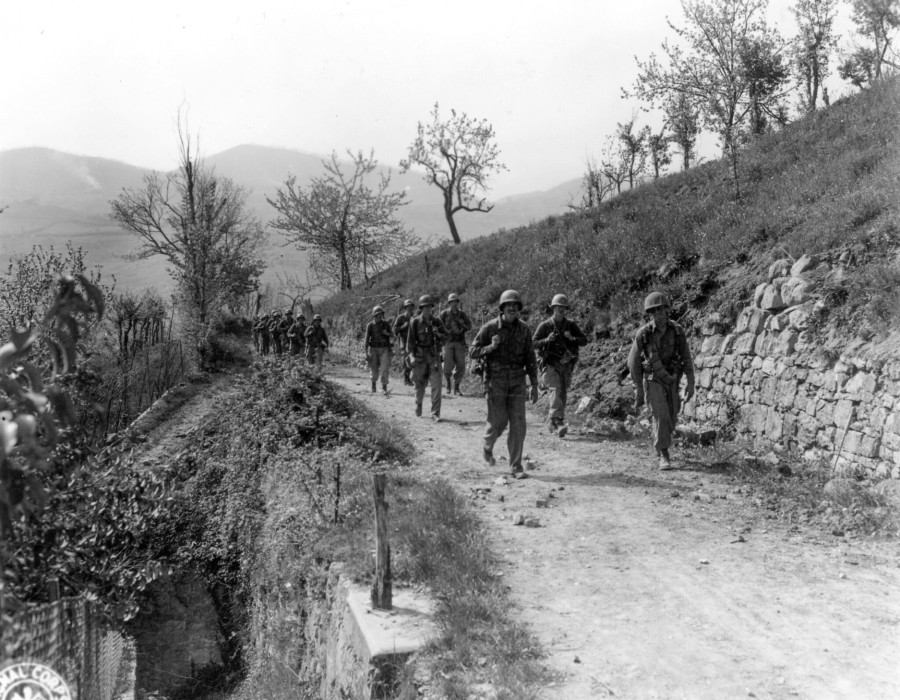 sc 270861   3rd platoon  co. g  86th inf. regt.  10th mt. div.  moving up to occupy the next hill after mt. valbura. 14 april .